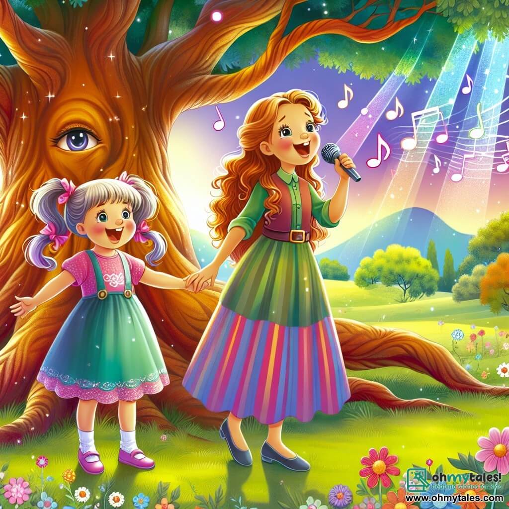 Une illustration destinée aux enfants représentant une jeune femme chanteuse talentueuse, accompagnée d'une petite fille enthousiaste aux couettes, se tenant sous l'ombre d'un vieux chêne majestueux dans le parc de Harmonyville, vibrant de couleurs vives et de mélodies enchantées.