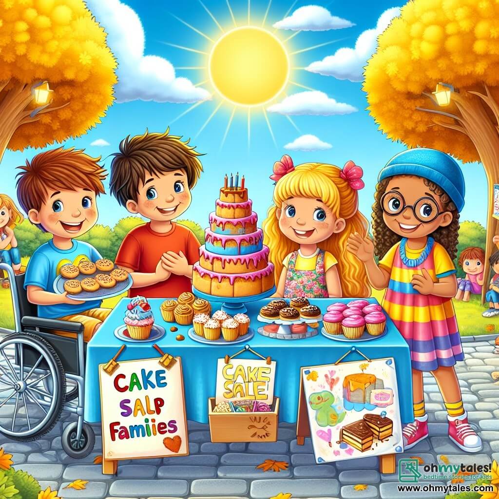 An illustration depicts a lively scene in a sunny schoolyard surrounded by trees with golden leaves and a bright blue sky. In the center, a group of four children stands around a brightly decorated cake sale table. A ten-year-old boy with messy brown hair and a big smile wears a red t-shirt and shorts, holding a plate of cookies while encouraging passersby to buy. Next to him, a ten-year-old boy in a wheelchair with a blue hat and sparkling eyes happily holds a colorful sign that reads "Cake Sale to Help Families." A nine-year-old girl with long curly hair wears a floral dress and is focused on decorating a cupcake with pink frosting. Another ten-year-old boy with glasses and blonde hair draws posters on a table, adding cake drawings and stars to attract attention. The scene captures a spirit of camaraderie and solidarity as they work together to sell treats to help families in need. In the background, other children and parents approach, curious and smiling, creating a joyful and engaging atmosphere. Donation boxes are visible, ready to be filled, symbolizing mutual aid and generosity.
