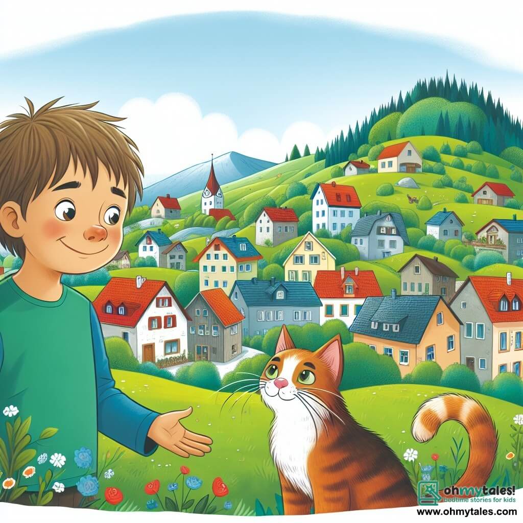Une illustration destinée aux enfants représentant un jeune garçon curieux et bienveillant, qui fait la rencontre d'un nouvel ami venu d'un pays lointain, alors qu'ils cherchent ensemble un chat perdu dans une petite ville pittoresque entourée de collines verdoyantes et parsemée de maisons aux toits colorés.
