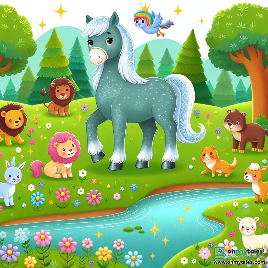 Une illustration destinée aux enfants représentant un fier cheval au pelage étincelant, se tenant au bord d'une rivière enchantée, accompagné d'une joyeuse troupe d'animaux dans une prairie verdoyante parsemée de fleurs multicolores.