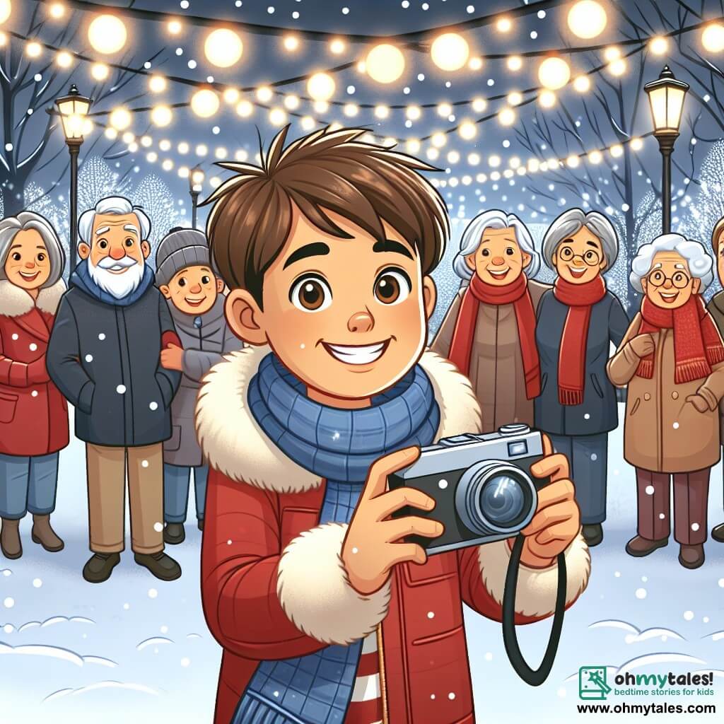 Une illustration sous forme de dessin destinée aux enfants représentant un parc enneigé décoré de guirlandes lumineuses scintillantes, avec un garçon de 11 ans aux cheveux bruns et aux yeux pétillants, souriant joyeusement alors qu'il tient un appareil photo, entouré de sa grand-mère aux cheveux argentés, emmitouflée dans un manteau rouge, et de plusieurs membres de la famille aux visages rayonnants, tous prêts à poser pour une photo de Noël, capturant l'esprit de la fête et l'amour familial.