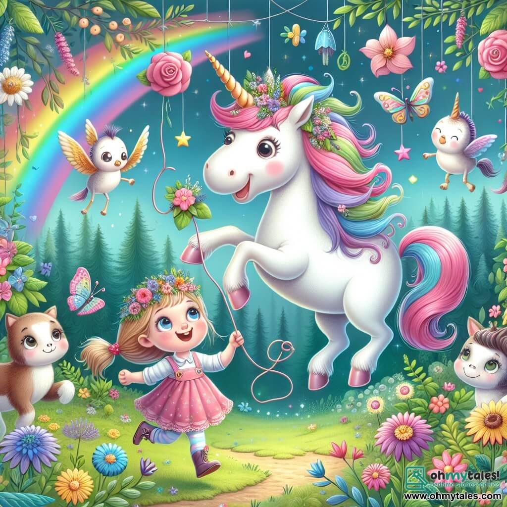 Une illustration destinée aux enfants représentant une licorne espiègle, jouant des tours, accompagnée d'une petite fille curieuse, dans une forêt magique remplie de fleurs multicolores et d'animaux fantastiques.