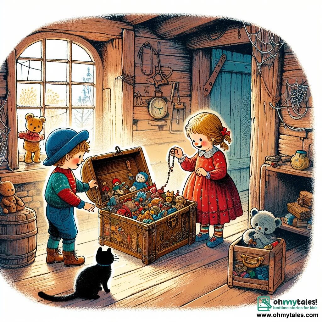 Une illustration sous forme de dessin destinée aux enfants représentant l'intérieur d'une vieille maison poussiéreuse avec des murs en bois et des toiles d'araignée, où un groupe de deux enfants de 6 ans, un garçon avec un chapeau bleu et une fille en robe rouge, se tiennent la main, émerveillés, devant un grand coffre ancien ouvert rempli de jouets colorés, tandis qu'un petit chat noir les observe curieusement depuis un coin, capturant l'instant magique où ils découvrent le trésor caché.