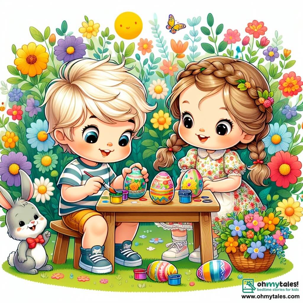 Une illustration sous forme de dessin destinée aux enfants représentant un jardin ensoleillé rempli de fleurs colorées, où un garçon de 5 ans aux cheveux blonds et aux yeux pétillants, vêtu d'un t-shirt rayé et de shorts, est assis à une petite table en bois en train de décorer des œufs de Pâques avec des peintures vives, tandis qu'une petite fille aux cheveux bruns et tressés, portant une robe à fleurs, l'observe avec émerveillement, et un petit lapin magique aux grandes oreilles et au nœud papillon souriant se tient à leurs côtés, prêt à les aider à cacher les œufs pour la grande parade de Pâques.