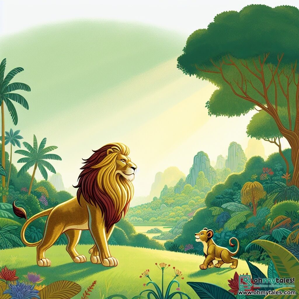 Une illustration destinée aux enfants représentant un majestueux lion au pelage doré, se tenant debout sur une colline verdoyante et surplombant une vaste jungle luxuriante, tandis qu'un jeune lionceau plus petit et faible joue timidement à ses côtés, évoquant une histoire de contes d'animaux empreinte de compassion et de leadership.