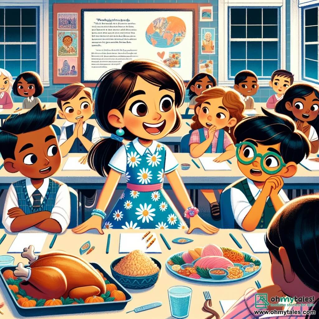 Une illustration sous forme de dessin destinée aux enfants représentant une salle de classe colorée et animée dans une école, avec une fille de 11 ans aux cheveux bruns en ponytail, portant une robe bleue à motifs de marguerites, souriante et expliquant avec enthousiasme les traditions de Thanksgiving à ses camarades, dont un garçon d'origine indienne aux cheveux noirs et une fille d'origine coréenne aux lunettes vertes, tous deux captivés par son récit, tandis qu'une table est remplie de plats variés symbolisant la diversité culturelle, créant une atmosphère de partage et de tolérance.