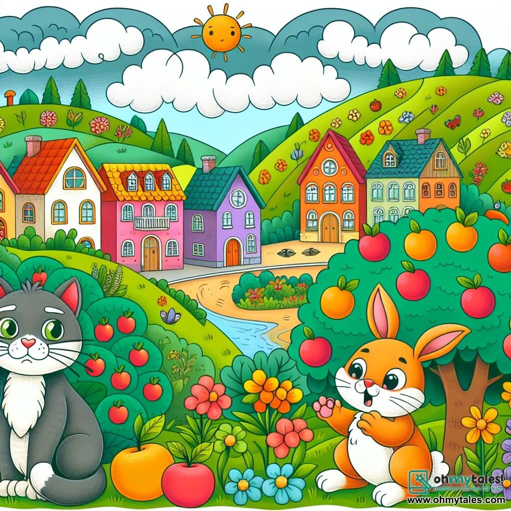 Une illustration destinée aux enfants représentant un chat courageux, une petite lapine en détresse, une place de village animée avec des maisons colorées, des arbres fruitiers et des fleurs multicolores, au cœur d'une vallée verdoyante et paisible.
