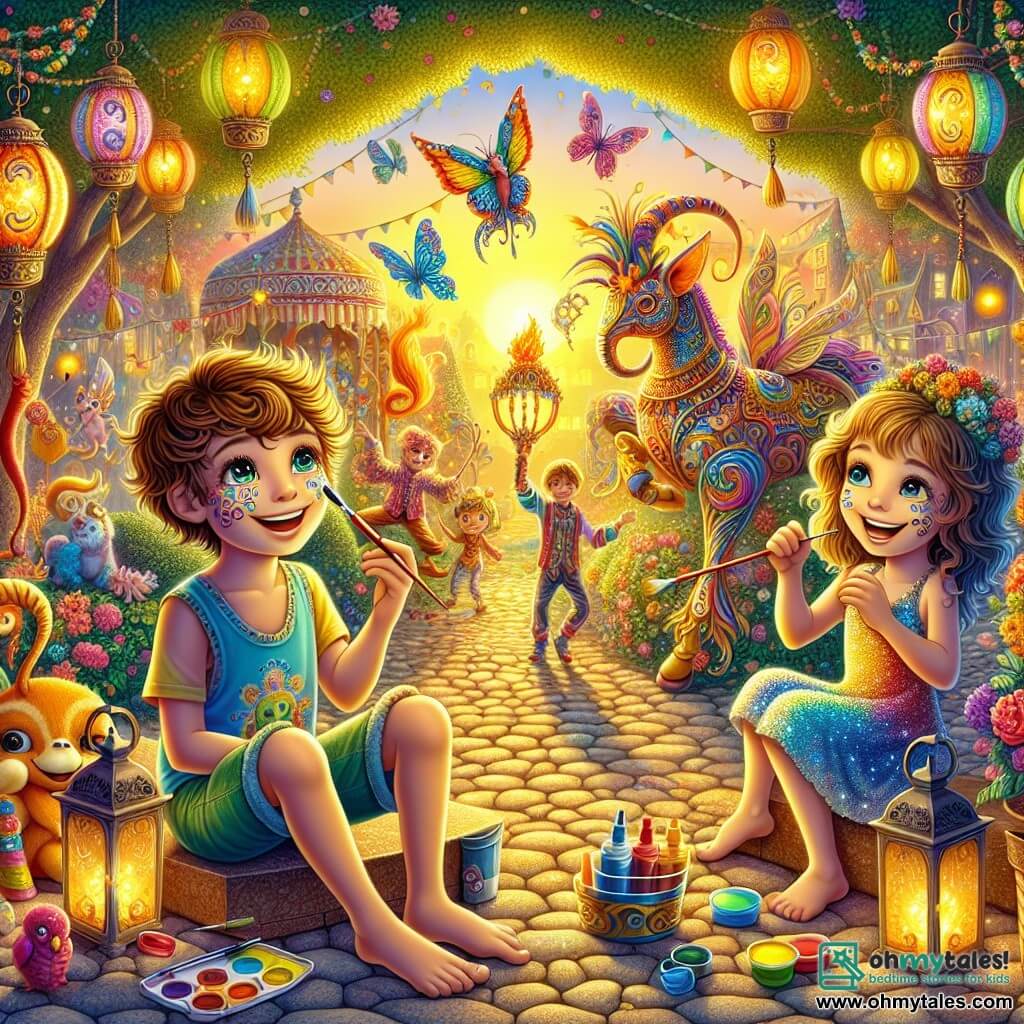 An illustration depicting a beautiful secret carnival courtyard bathed in golden light at sunset. Colorful lanterns hang from the trees, illuminating joyful dancing fantastical creatures. In the center, an 11-year-old boy with curly hair and sparkling curious eyes wears a colorful t-shirt and shorts. He is painting his face with bright colors, a big smile on his face, amazed by the magic around him. Next to him, a 10-year-old girl with blue hair and a sparkling dress laughs while holding a brush, ready to paint her own face. The scene is filled with extraordinary creatures: a fire juggler, a flower-decorated elephant, and shining butterflies flying around them. The atmosphere is joyful and festive, capturing the enchanting spirit of the carnival.