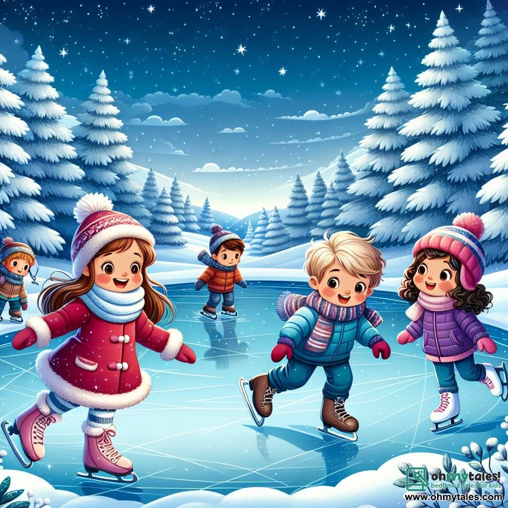 The illustration depicts a magical winter landscape, featuring a large frozen pond at the center, surrounded by majestic snow-covered fir trees. The sky is a deep blue with light clouds, and stars begin to twinkle as twilight sets in. Three children are present: an 8-year-old girl with long brown hair and rosy cheeks, wearing a bright red coat and a wool hat, joyfully skating on the ice with her arms outstretched for balance. Next to her, a 7-year-old boy with messy blond hair and a beaming smile is falling but laughing as he gets up, dressed in a blue snowsuit and a striped scarf. Finally, a 9-year-old girl with curly hair and a pink hat watches her friends with an amazed look, ready to join them, wearing a purple coat and matching gloves. The scene captures the spirit of winter, with snowflakes gently falling around them and footprints in the fresh snow. In the background, twinkling lights begin to appear in the village houses' windows, adding a warm touch to this winter adventure.