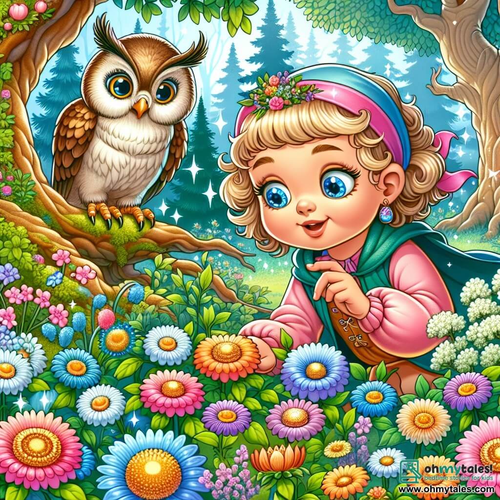 Une illustration destinée aux enfants représentant une jeune fille aux yeux pétillants découvrant un jardin enchanté rempli de fleurs multicolores, accompagnée d'un sage hibou aux yeux sages, dans une clairière magique entourée de majestueux arbres anciens.