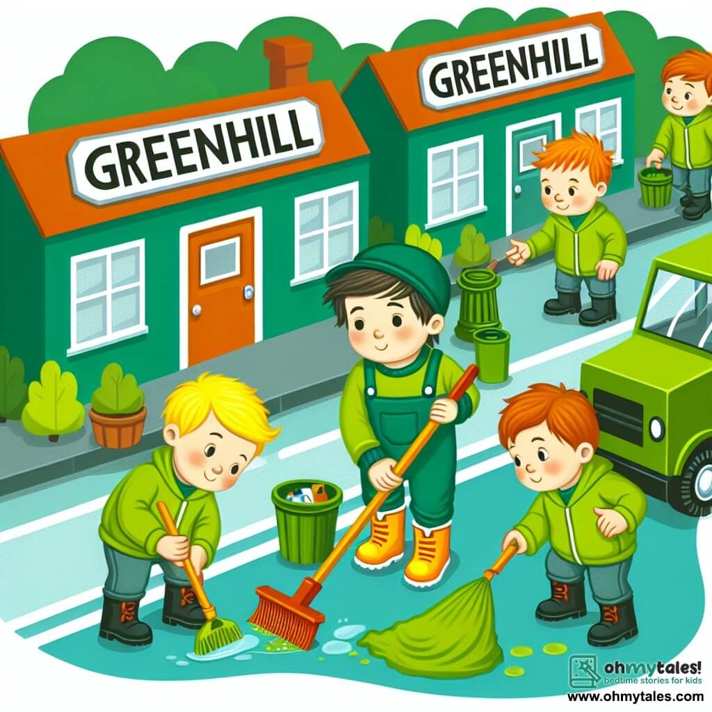 Une illustration destinée aux enfants représentant un garçon curieux, accompagné de ses amis, nettoyant les rues de leur petite ville verdoyante de Greenhill pour protéger l'environnement, sous le regard bienveillant des habitants reconnaissants.
