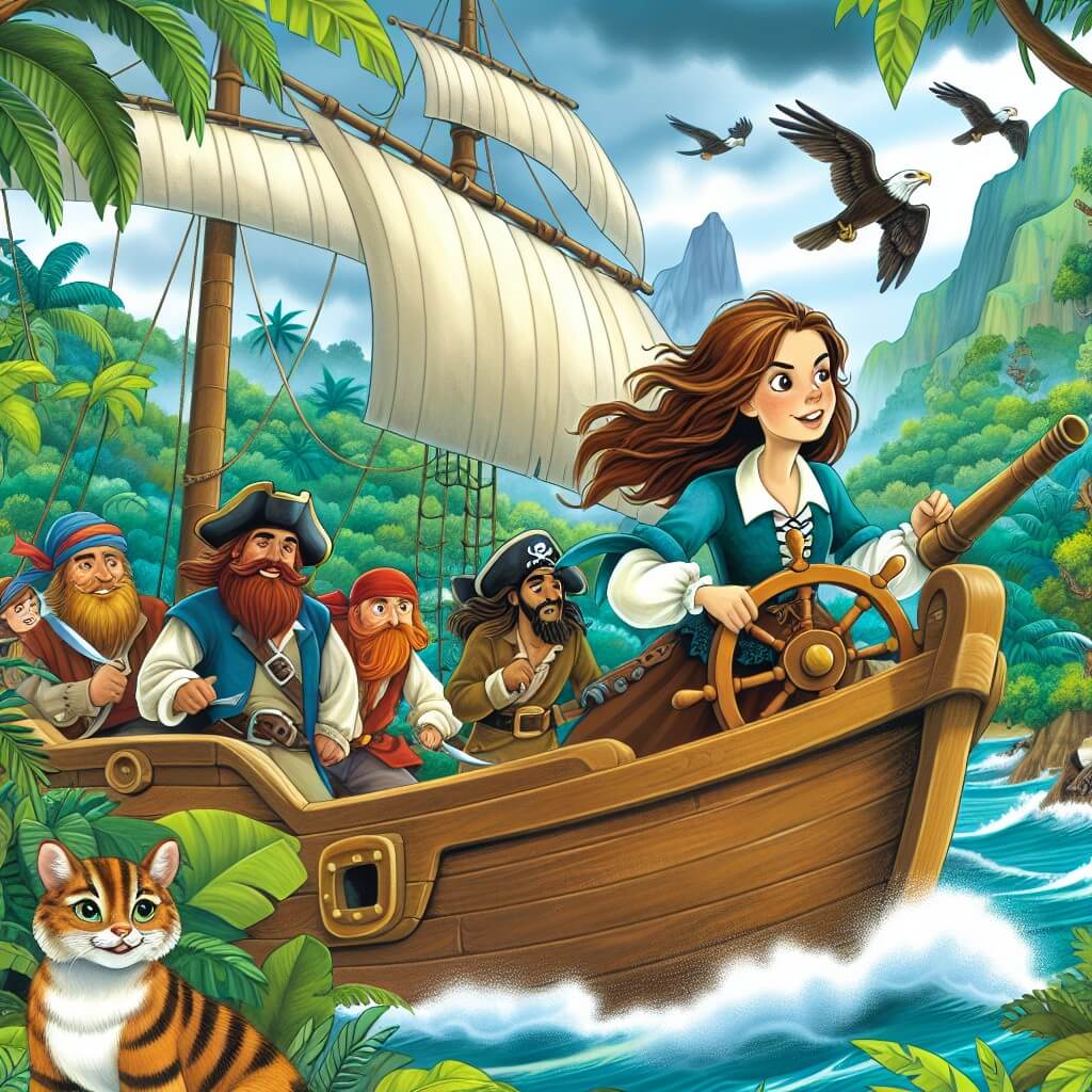 Une illustration destinée aux enfants représentant une femme courageuse et déterminée naviguant sur un majestueux navire pirate, accompagnée d'un équipage joyeux et d'un capitaine à la barbe rouge, à la recherche d'un trésor légendaire sur une île tropicale luxuriante, remplie de jungles denses et d'animaux sauvages.
