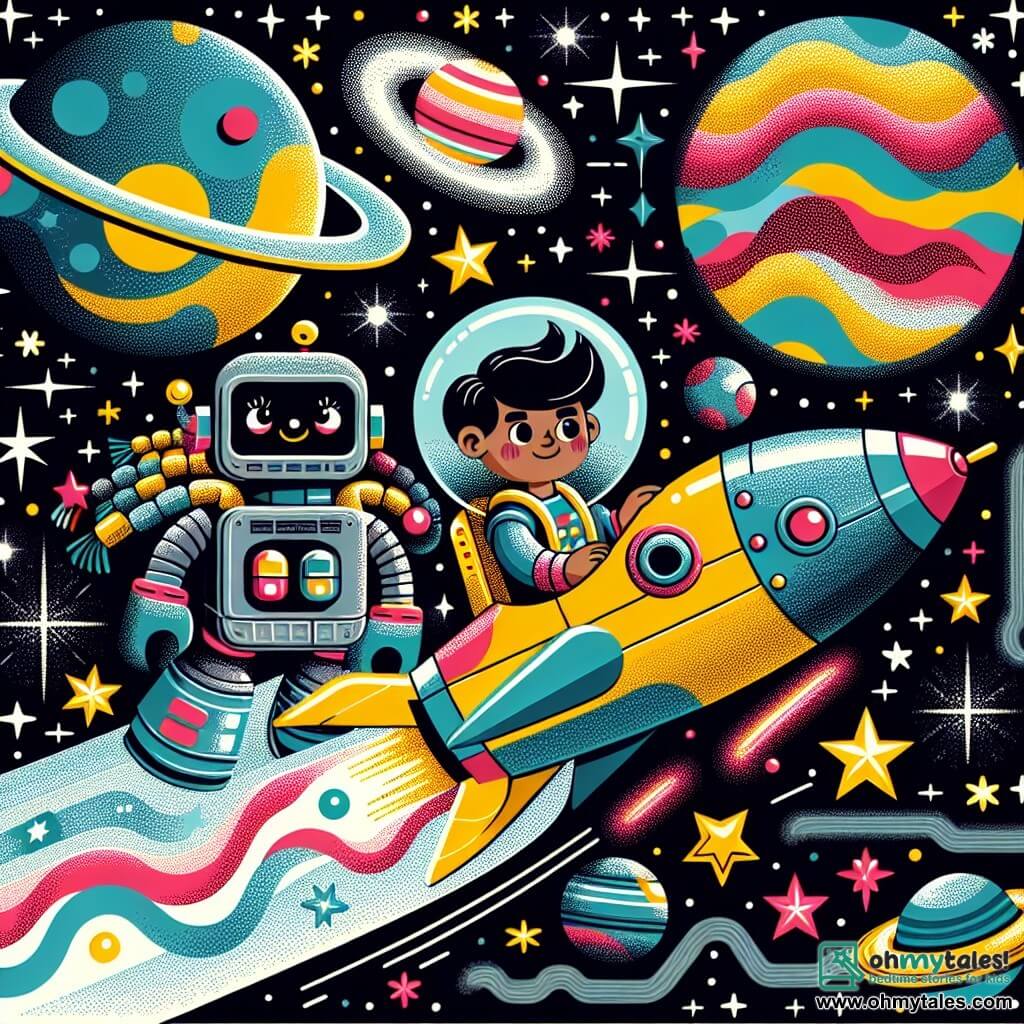 Une illustration destinée aux enfants représentant un courageux explorateur de l'espace, accompagné de sa fidèle amie robot en forme d'étoile brillante, naviguant à travers un ciel étoilé parsemé de nébuleuses chatoyantes et de planètes aux couleurs vives, dans le vaisseau spatial en forme de comète scintillante.