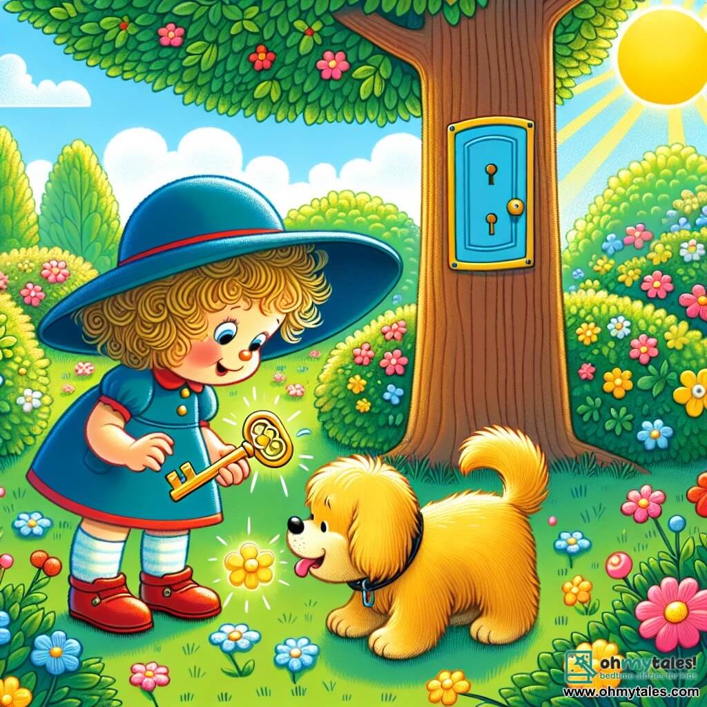 Une illustration sous forme de dessin destinée aux enfants représentant un parc ensoleillé avec des arbres verdoyants et des fleurs colorées, où une petite fille d'un an aux cheveux bouclés et portant un grand chapeau bleu et des chaussures rouges, se penche avec émerveillement pour examiner une clé brillante qu'elle a trouvée, tandis qu'un petit chien fluffy aux poils dorés, avec une queue qui remue joyeusement, l'encourage en aboyant, alors qu'ils découvrent ensemble une petite porte dans un arbre, symbolisant leur aventure magique à la recherche d'un trésor.