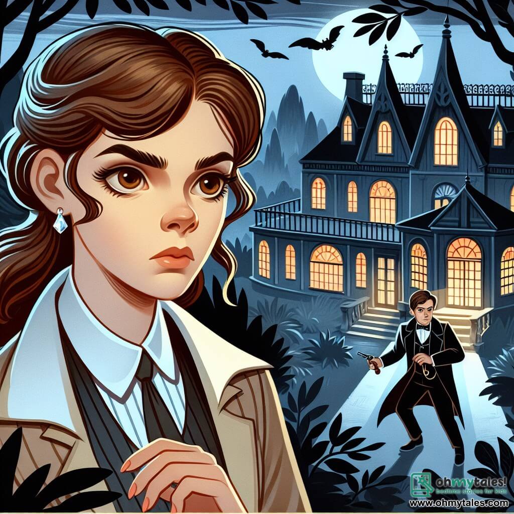 Une illustration destinée aux enfants représentant une jeune détective au regard perçant, enquêtant sur la disparition d'un précieux bijou avec l'aide d'un mystérieux propriétaire, dans un manoir lugubre au milieu des bois, illuminé par des lumières vacillantes et des ombres dansantes.