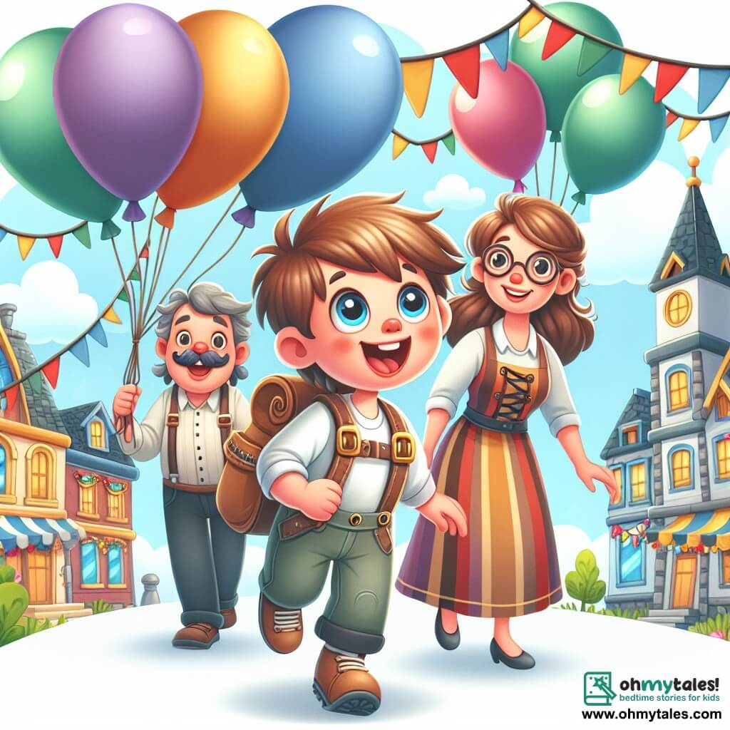 Une illustration destinée aux enfants représentant un garçon joyeux et curieux, accompagné de sa famille, partant à l'aventure à la recherche d'un trésor caché, dans une petite ville pittoresque de Willow Creek décorée de ballons colorés et de guirlandes festives.