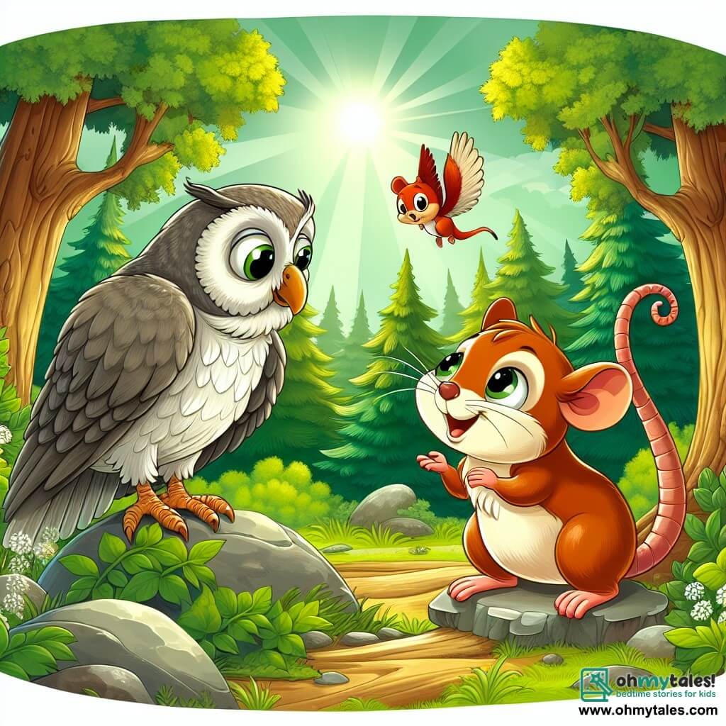 Une illustration sous forme de dessin destinée aux enfants représentant une clairière ensoleillée au cœur d'une forêt verdoyante, où un petit rat brun aux yeux pétillants, curieux et souriant, se tient debout sur une pierre, écoutant attentivement un vieux hibou sage aux plumes grises et aux yeux ronds, tandis qu'un écureuil aux poils roux s'approche en sautillant, tous deux captivés par les récits d'aventures du rat, symbolisant l'esprit d'exploration et d'amitié dans un monde magique.
