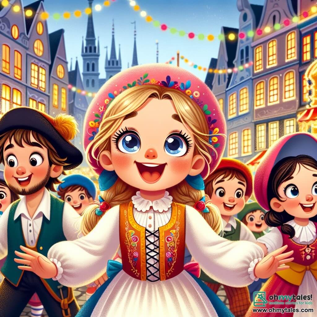 Une illustration destinée aux enfants représentant une fillette étincelante de bonheur dans un carnaval animé, accompagnée de ses amis déguisés, entourée de stands colorés et de lumières festives, dans la place principale de la ville.
