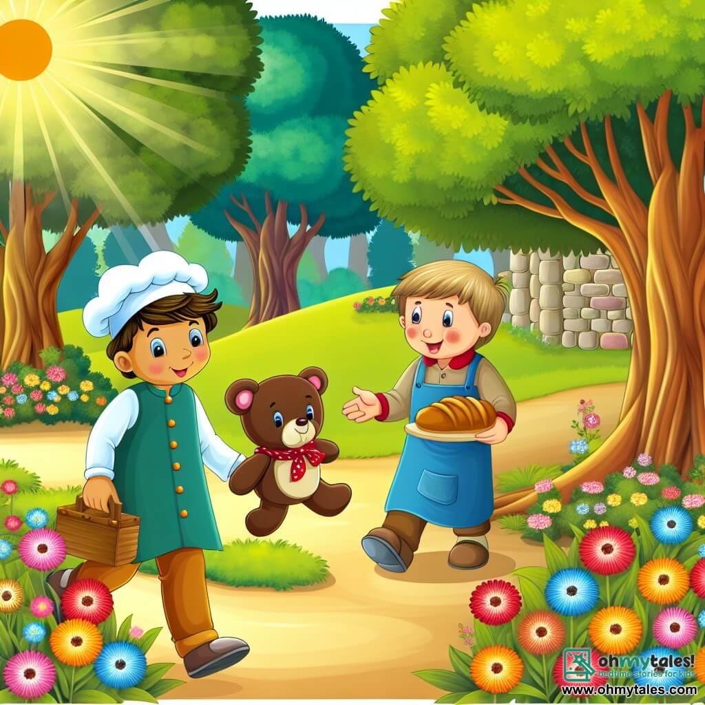 Une illustration destinée aux enfants représentant un jeune garçon en quête de son ours en peluche adoré, aidé par un gentil boulanger, dans un parc ensoleillé bordé de fleurs colorées et d'arbres majestueux.