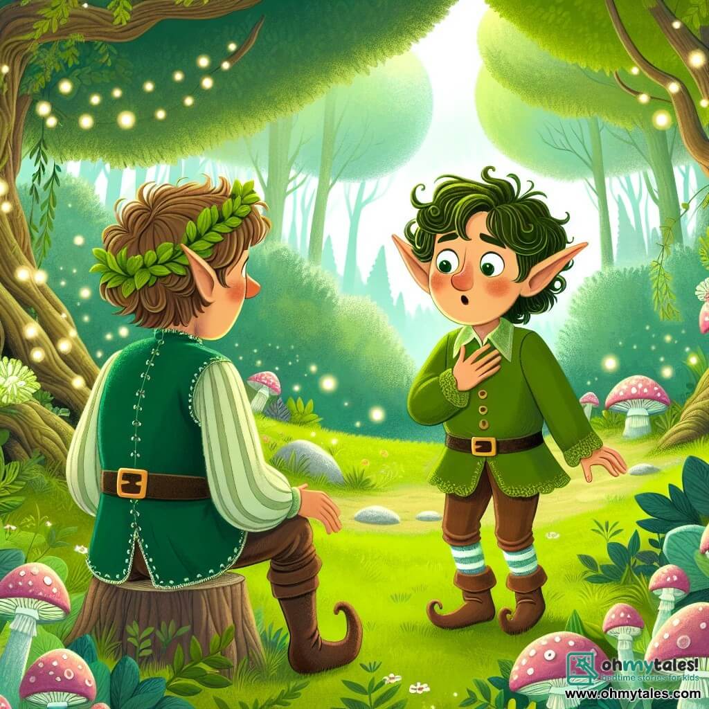 Une illustration destinée aux enfants représentant un lutin timide et bienveillant, une rencontre inattendue dans une clairière enchantée, un espiègle petit lutin masculin nommé Pip, une prairie verdoyante bordée de champignons scintillants et d'arbres anciens aux feuilles émeraude.