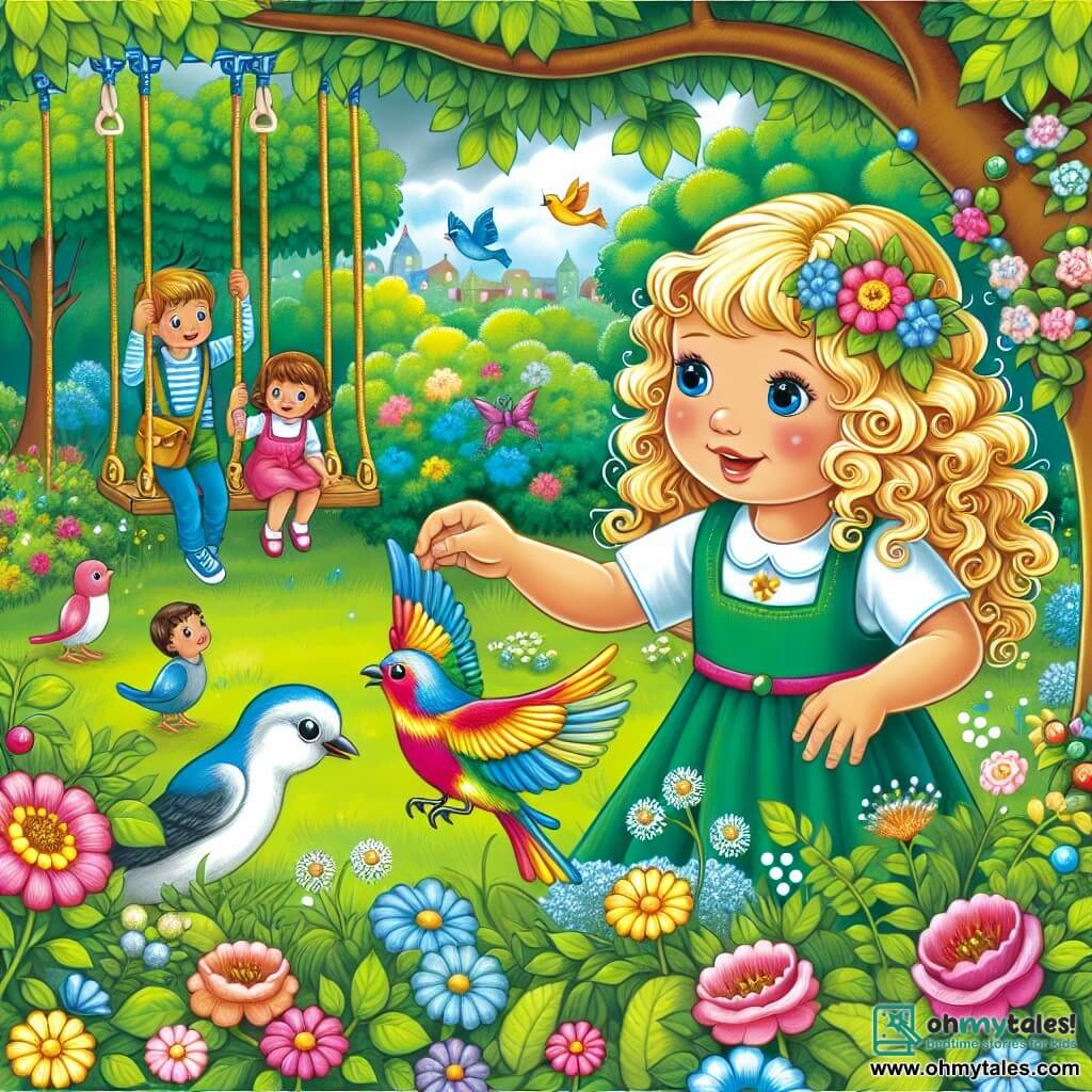 Une illustration destinée aux enfants représentant une petite fille aux boucles blondes, entourée de ses amis, découvrant un oiseau coloré dans un parc verdoyant, où les arbres fleuris et les balançoires joyeusement peintes ajoutent une touche de magie à l'histoire.