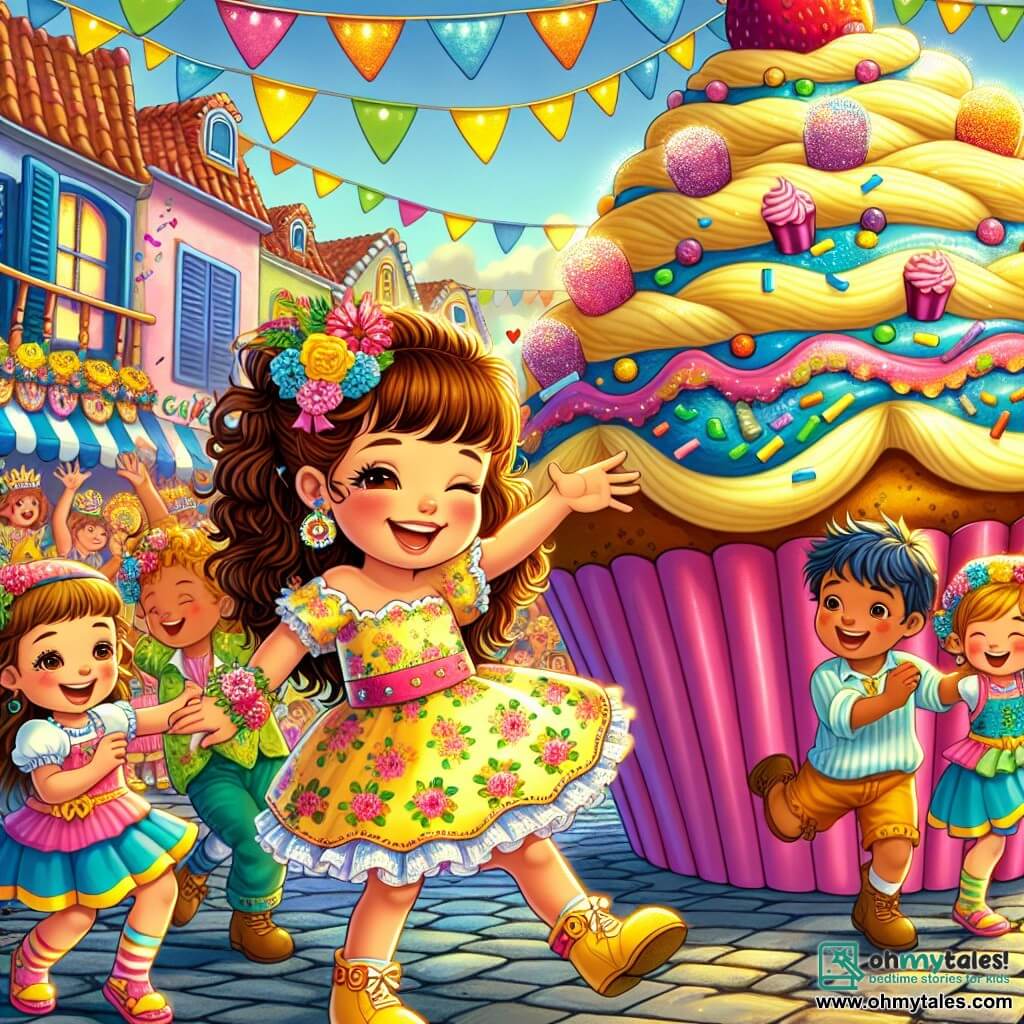 Une illustration sous forme de dessin destinée aux enfants représentant un carnaval coloré dans un petit village ensoleillé, avec des décorations vives et des gens dans des costumes éclatants, mettant en avant une petite fille de 5 ans aux cheveux bouclés bruns, portant une robe jaune à fleurs, qui danse joyeusement au milieu de la fête, entourée de deux enfants : un garçon aux cheveux bleus qui sourit et une fille aux gants roses qui rit, tous trois cherchant ensemble un trésor caché sous un énorme cupcake décoré de crème colorée et de paillettes scintillantes.