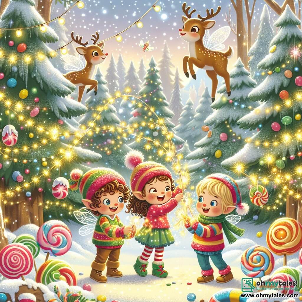 Une illustration sous forme de dessin destinée aux enfants représentant un paysage féerique de la forêt de Noël, avec des arbres couverts de neige scintillante et des bonbons colorés, où un groupe de trois enfants de trois ans, deux filles aux cheveux bouclés et un garçon aux cheveux blonds, s'affairent joyeusement à défaire des guirlandes lumineuses enchevêtrées, entourés d'un petit elfe aux ailes brillantes qui les encourage avec un grand sourire, tandis qu'un renne amical les observe avec curiosité, le tout baigné dans une douce lumière dorée évoquant la magie de Noël.