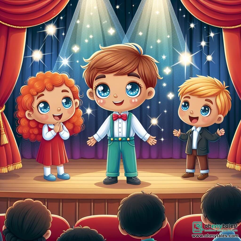 Une illustration destinée aux enfants représentant un petit garçon aux yeux bleus étincelants se tenant sur une scène de théâtre, encouragé par une fillette aux cheveux roux bouclés, dans une salle de spectacle ornée de rideaux rouges et de projecteurs scintillants.