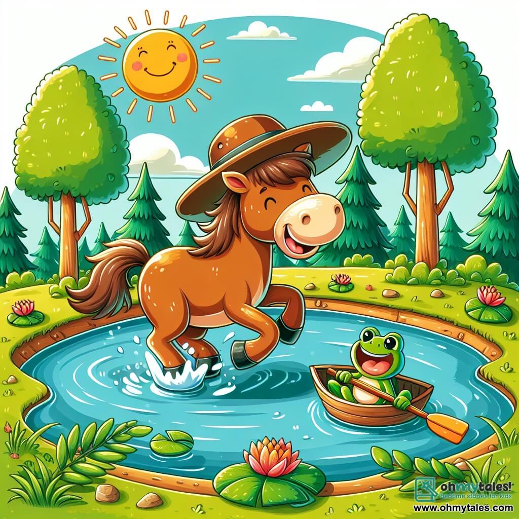 Une illustration sous forme de dessin destinée aux enfants représentant un joyeux étang ensoleillé entouré de verdure, avec un cheval brun portant un grand chapeau marron qui saute joyeusement près de l'eau, tandis qu'une grenouille verte, assise sur le bord du bassin, rit en tenant une petite rame, alors que le chapeau du cheval flotte sur l'eau comme un petit bateau, créant une scène amusante et pleine de vie.