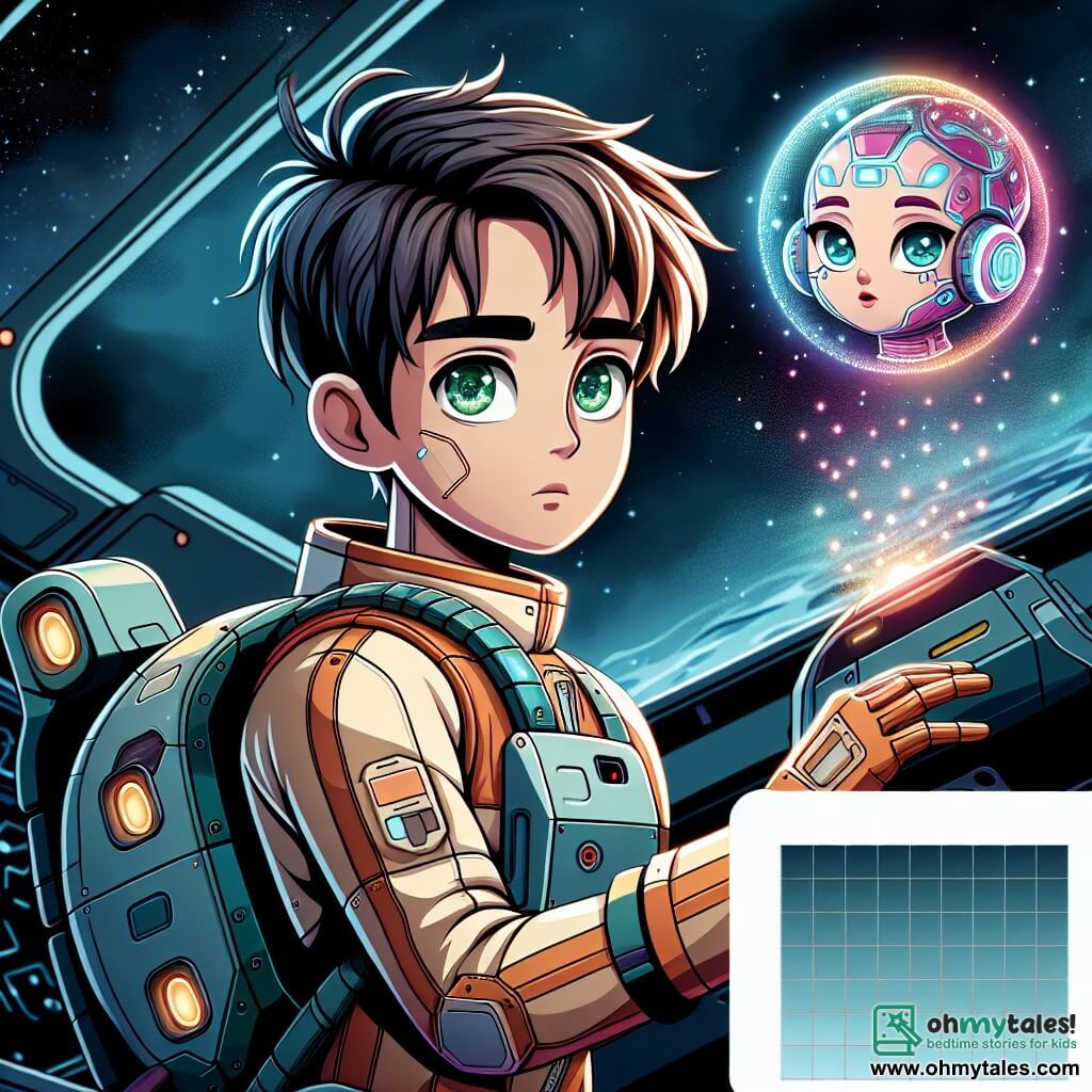 Une illustration sous forme de dessin destinée aux enfants représentant un vaisseau spatial futuriste flottant dans l'immensité de l'espace, avec un jeune homme aux cheveux bruns ébouriffés et aux yeux verts pétillants, concentré sur le pilotage de son vaisseau, tandis qu'une intelligence artificielle sous forme de hologramme lumineuse, avec des traits doux et des couleurs vives, l'assiste en affichant des données sur un écran, le tout dans un contexte de découverte intergalactique où ils s'apprêtent à explorer une planète mystérieuse pleine de promesses d'eau et de vie.