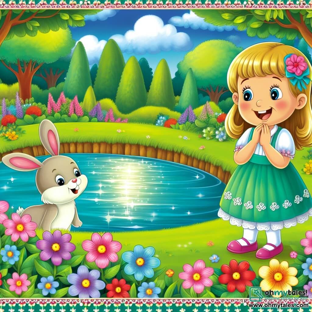 Une illustration destinée aux enfants représentant une fillette joyeuse rencontrant une nouvelle amie timide dans un parc verdoyant, entouré de fleurs colorées et d'un étang scintillant.