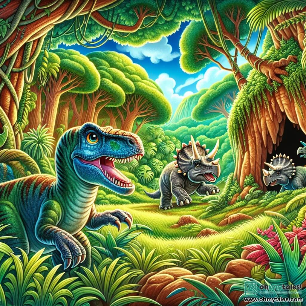 Une illustration destinée aux enfants représentant un vélociraptor intrépide découvrant une grotte mystérieuse avec l'aide de son ami tricératops, dans une jungle luxuriante remplie de hautes herbes et d'arbres majestueux.