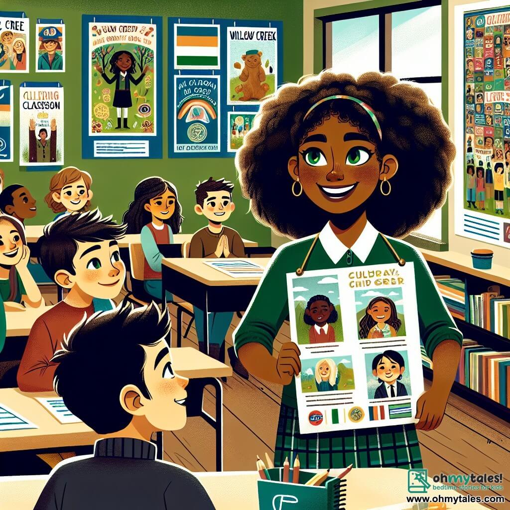 Une illustration sous forme de dessin destinée aux enfants représentant une salle de classe colorée à Willow Creek, avec des murs décorés de posters culturels, où une fille de 11 ans aux cheveux bouclés bruns et aux yeux verts se tient debout, souriante et confiante, présentant un poster sur ses origines irlandaises et africaines, tandis qu'un garçon aux cheveux noirs et à la peau claire, assis à un bureau, l'écoute attentivement, entouré de camarades de classe d'origines diverses, tous engagés dans une discussion joyeuse sur la diversité et l'importance de l'inclusion.