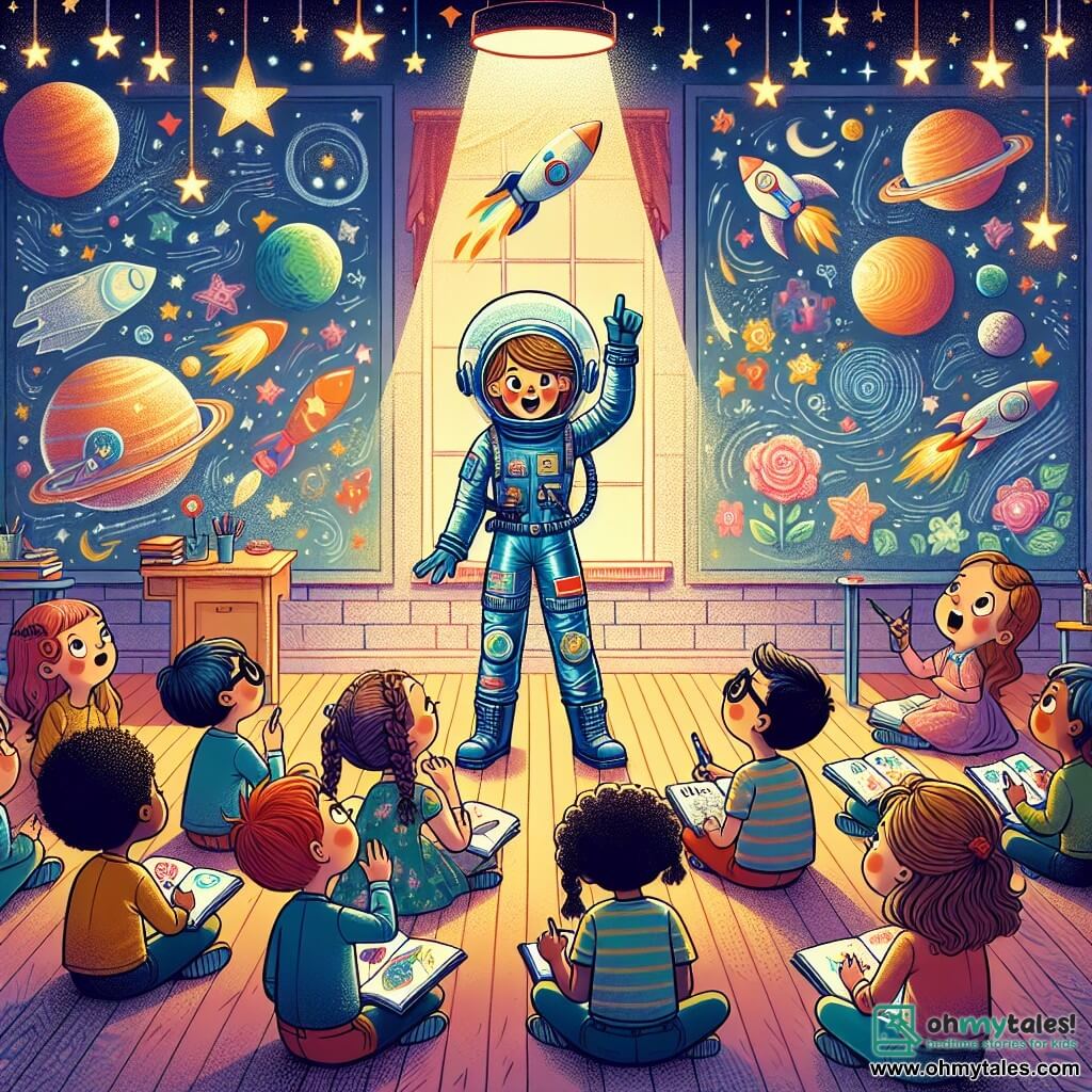 An illustration depicting a colorful and lively classroom, with walls adorned with drawings of planets, rockets, and twinkling stars. In the center, a smiling female astronaut in a shiny blue spacesuit with colorful patches stands on a small platform, enthusiastically gesturing as she shares her adventures in space. Around her, a group of children aged about 7 to 10 are captivated by her tale. Among them is a girl with braided hair in a flower dress, raising her hand with curiosity, and a boy with oversized glasses, wide-eyed, holding a sketchbook filled with rocket drawings. The main scene shows the astronaut telling fascinating stories about her space travels, while the amazed children imagine floating among the stars. Additional graphic elements include bright stars and colorful planets floating around the room, creating a magical and inspiring atmosphere.