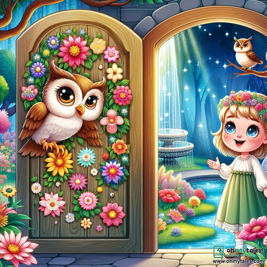 Une illustration destinée aux enfants représentant une jeune fille aux joues rosées, les yeux pétillants, se tenant devant une mystérieuse porte en bois ornée de fleurs colorées, qui s'ouvre sur un jardin enchanté rempli de fleurs éclatantes, d'arbres majestueux et d'une fontaine étincelante, où elle rencontre des gardiens sages sous la surveillance d'un hibou sage.