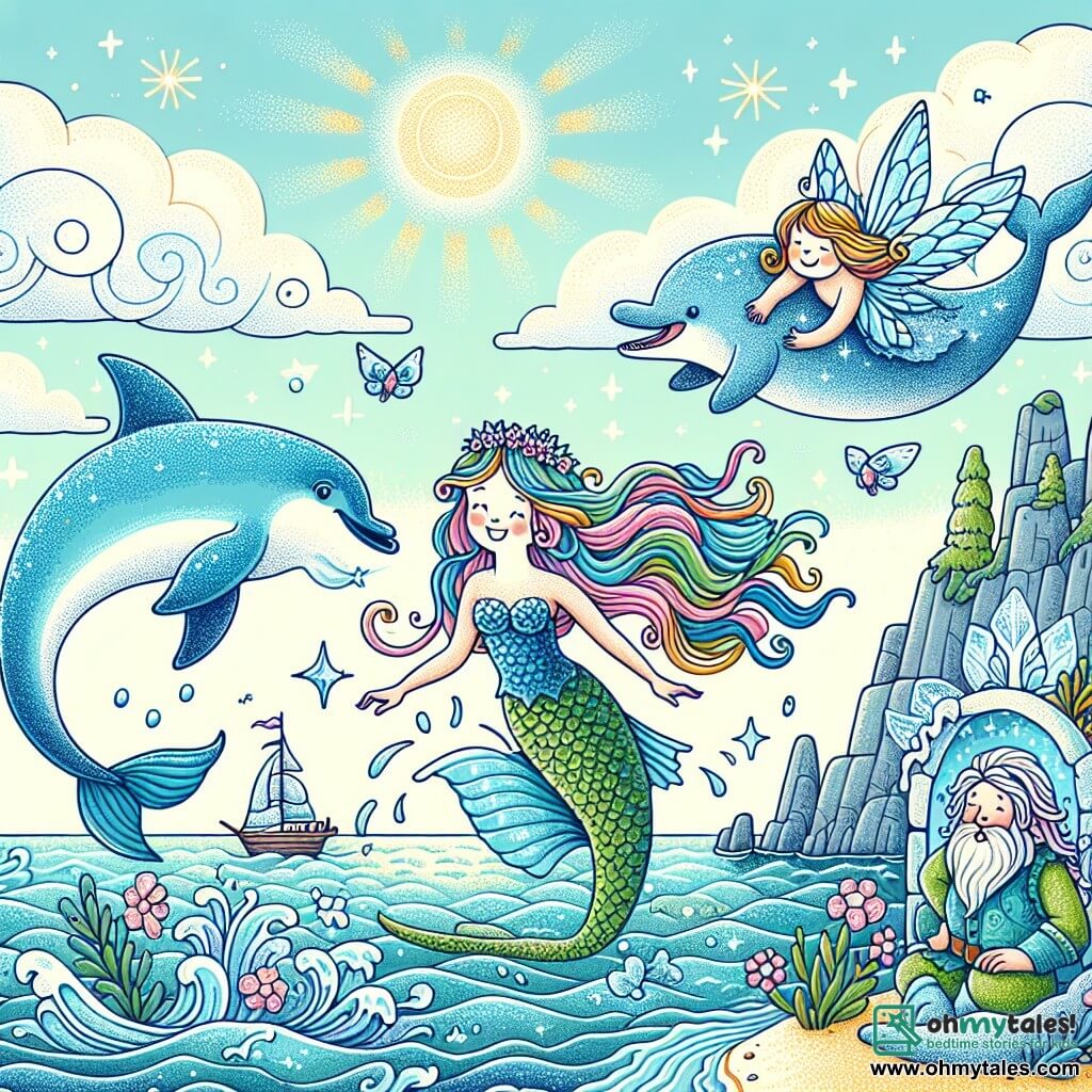 Une illustration sous forme de dessin destinée aux enfants représentant une scène magique au bord d'une mer scintillante, où une sirène aux longs cheveux multicolores et à la queue bleu azur, en train de nager joyeusement, est entourée d'un dauphin espiègle aux écailles argentées qui saute hors de l'eau, tandis qu'une fée des glaces aux ailes scintillantes observe avec un sourire bienveillant, alors qu'ils s'apprêtent à aider un géant triste dans sa grotte, le tout sous un ciel ensoleillé parsemé de nuages doux et cotonneux.