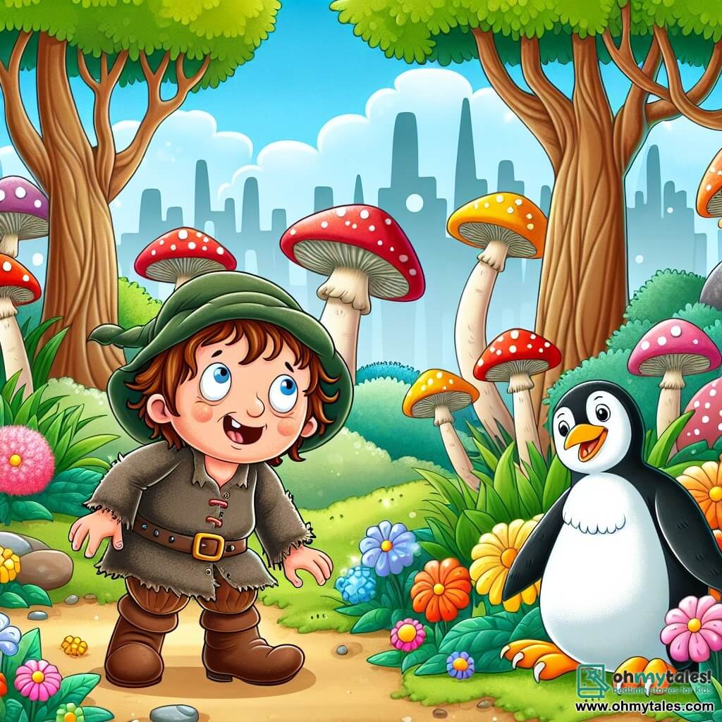 Une illustration destinée aux enfants représentant un garçon ébouriffé et espiègle, se retrouvant dans une situation absurde, accompagné d'un pingouin dans une forêt enchantée remplie de champignons géants, fleurs lumineuses et arbres aux visages souriants.