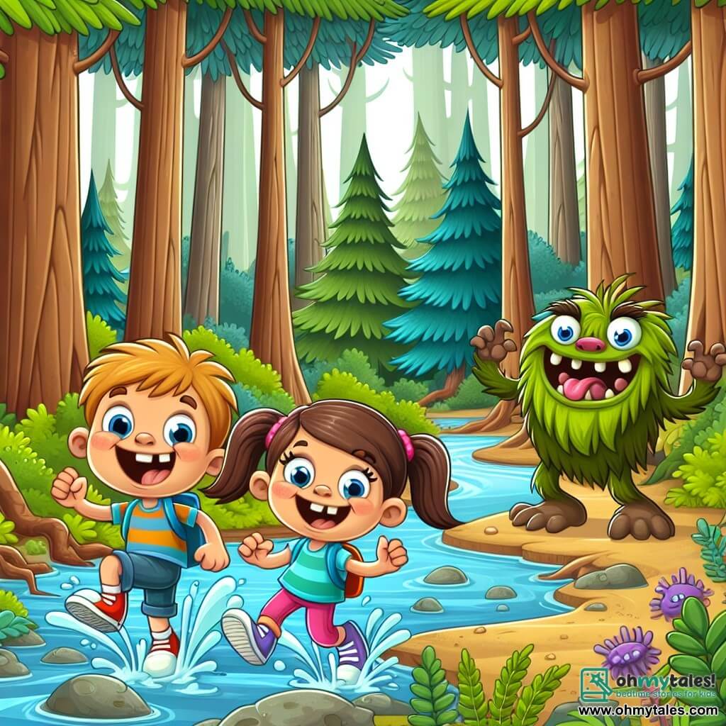 Une illustration destinée aux enfants représentant un garçon espiègle et joyeux, une fille pleine d'énergie, un monstre de boue rigolo et farceur, dans une forêt enchantée remplie de grands arbres touffus et de ruisseaux babillants.
