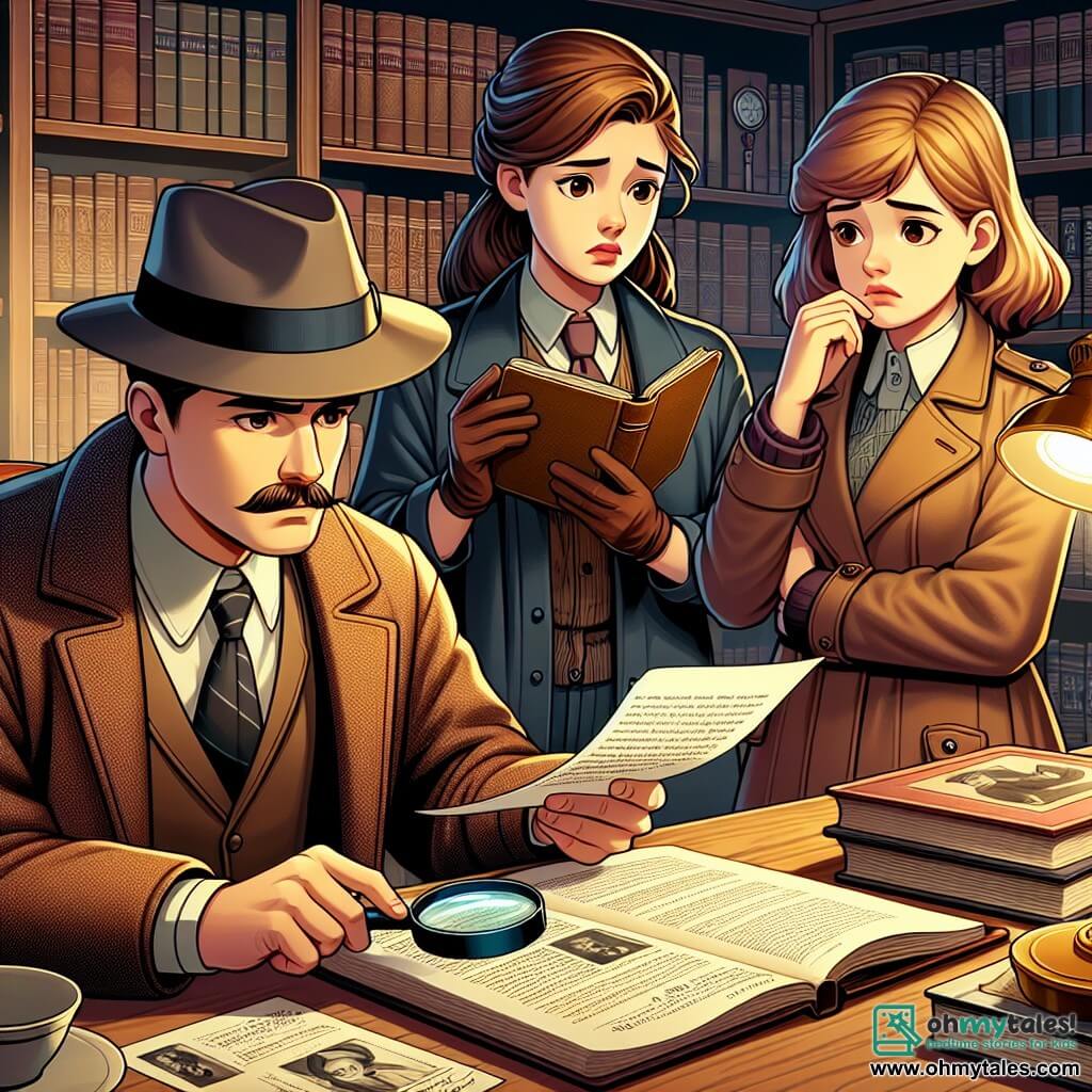 Une illustration sous forme de dessin destinée aux enfants représentant un bureau de détective chaleureux, rempli de livres et d'objets mystérieux, avec un homme au look soigné, portant un chapeau fedora et une veste, penché sur une table en bois, examinant des documents avec une loupe, tandis qu'une jeune femme aux cheveux bruns et aux yeux inquiets, vêtue d'un manteau sombre, se tient à ses côtés, tenant un carnet usé, et une autre jeune femme aux cheveux blonds, affichant une expression déterminée, se tient en arrière-plan, tous trois discutant d'une affaire de disparition intrigante qui les lie à un homme mystérieux et menaçant.