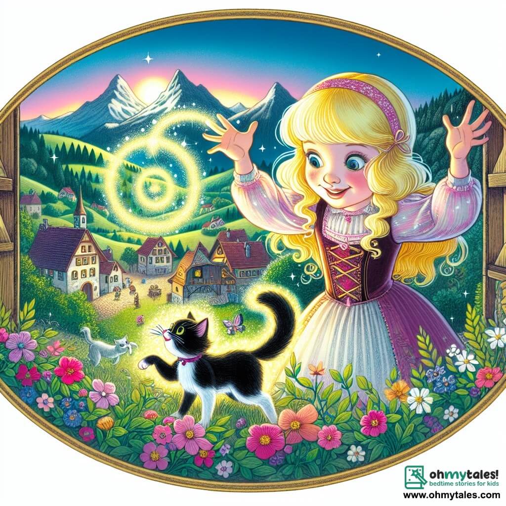 Une illustration destinée aux enfants représentant une fille pleine de lumière, faisant des tours de magie avec l'aide de son chat espiègle, dans une petite ville aux collines verdoyantes et aux prés fleuris.