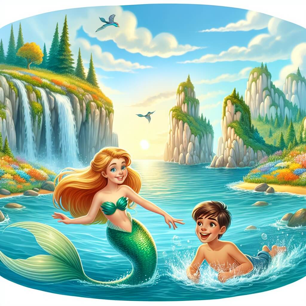 Une illustration destinée aux enfants représentant une sirène aux cheveux d'or nageant joyeusement avec un jeune garçon à la peau dorée dans les eaux cristallines d'une crique secrète, entourée de falaises escarpées recouvertes de fleurs sauvages aux couleurs vives et d'arbres majestueux qui dansent avec le vent.