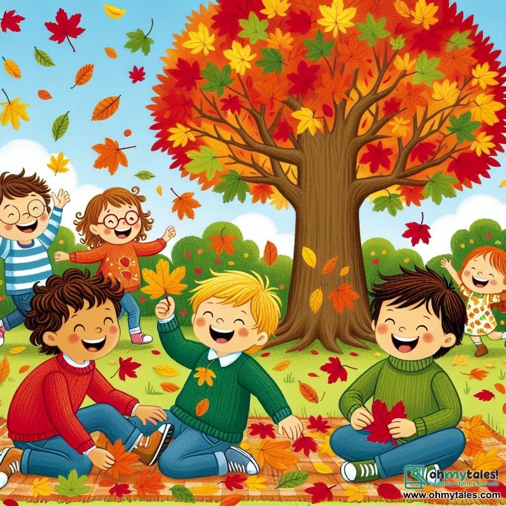 An illustration depicting an autumn garden filled with brightly colored leaves: red, orange, and yellow. In the center stands a large oak tree with extended branches, its leaves gently falling to the ground. Three boys, around 8 years old, are playing. The first boy, with curly brown hair, wears a red sweater and smiles joyfully while holding a golden leaf. The second boy, with blonde hair and glasses, is in a blue sweater and laughs as he runs, while the third boy, with brown hair and a green sweater, bends down to pick up a leaf. They are surrounded by their friends, a little girl with brown, curly hair in an autumn dress, and a boy with blonde hair in a t-shirt, who looks at them with a big smile. All are sitting on a blanket, surrounded by colorful leaves, preparing for a leaf treasure hunt. The sky is clear with a few white clouds, and the sun shines softly, adding a warm atmosphere to this joyful autumn scene.