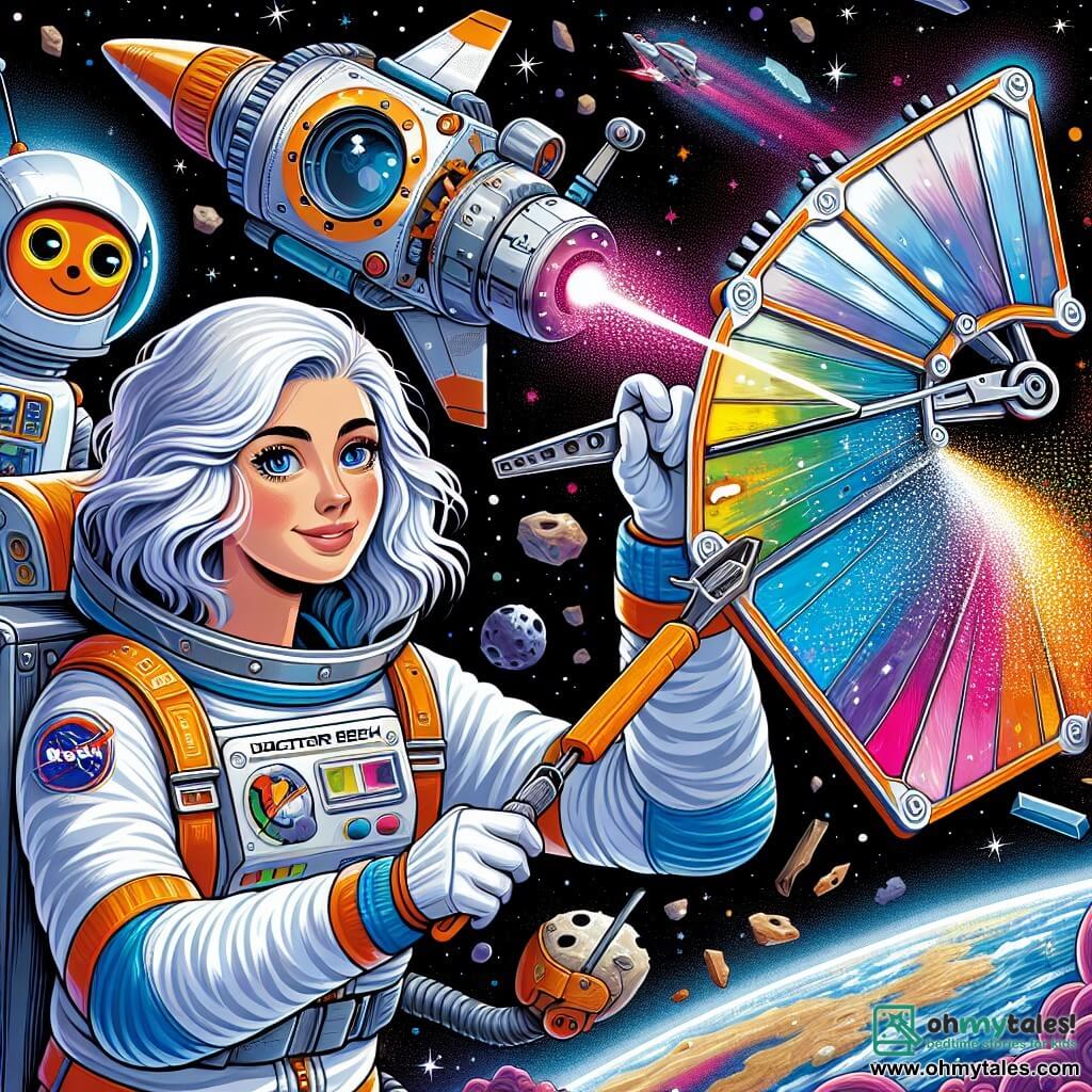 Une illustration sous forme de dessin destinée aux enfants représentant une scène spatiale vibrante avec un satellite en forme de boomerang flottant dans l'espace, où une femme aux cheveux argentés et aux yeux brillants, vêtue d'une combinaison spatiale colorée, utilise un outil pour réparer le satellite, tandis qu'un petit robot aux roues rapides, avec un corps métallique brillant, l'observe avec des yeux lumineux, et des débris spatiaux tourbillonnent autour d'eux, évoquant l'urgence de leur mission pour sauver la communication avec la planète Elysium, dont les couleurs éclatantes se dessinent en arrière-plan.