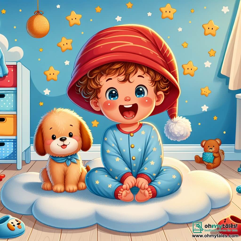 Illustration destinée aux enfants représentant une chambre chaleureuse et colorée, avec des murs peints en bleu ciel et des étoiles dorées scintillant au plafond. Au centre, un petit garçon d'environ un an, avec des cheveux bouclés et des yeux pétillants, porte un grand chapeau rouge qui glisse un peu sur ses yeux, riant aux éclats. À ses côtés, un gros chien fluffy, de couleur caramel, avec un petit chapeau bleu sur la tête, fait une grimace amusante. Ensemble, ils sont assis sur un tapis moelleux en forme de nuage, entourés de jouets éparpillés et de chaussons colorés, partageant un moment de joie et de rires avant de s'endormir, prêts pour des rêves d'aventures sillonnant des paysages fantastiques.
