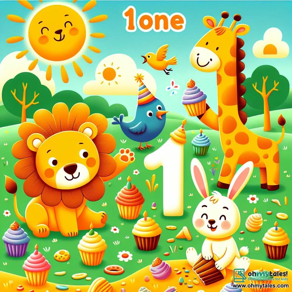 Une illustration sous forme de dessin destinée aux enfants représentant une clairière ensoleillée, où un lion aux grandes crinières dorées et au sourire amical cherche des cupcakes avec une petite lapine aux grandes oreilles et un giraffe au long cou, tous trois riant ensemble en découvrant un oiseau amusant portant un chapeau coloré, tandis qu'un tas de cupcakes en papier est éparpillé autour d'eux, créant une ambiance joyeuse et ludique.