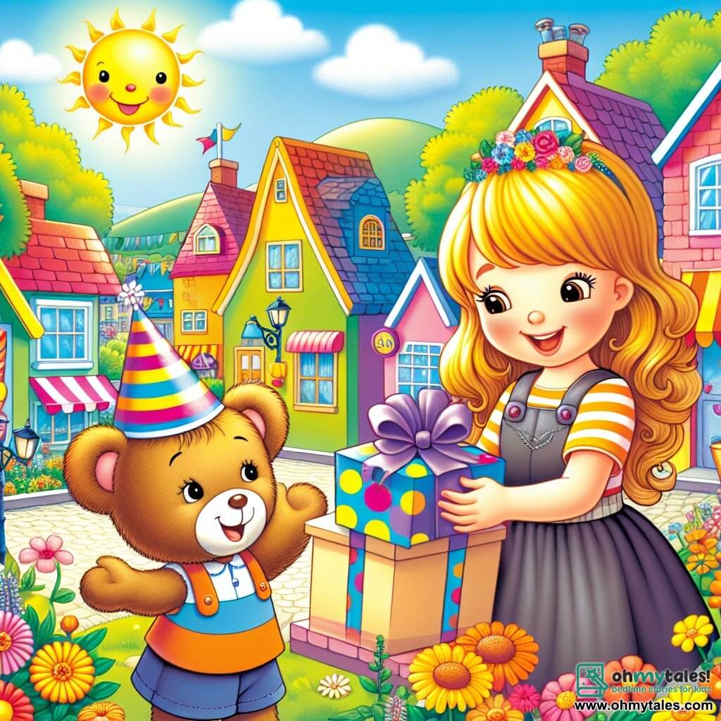 Une illustration destinée aux enfants représentant une fille pleine d'énergie préparant une fête surprise pour sa maman, avec son fidèle ami en peluche, un ours en peluche, dans la charmante ville ensoleillée de Sunnyville, avec des maisons colorées et des fleurs éclatantes.