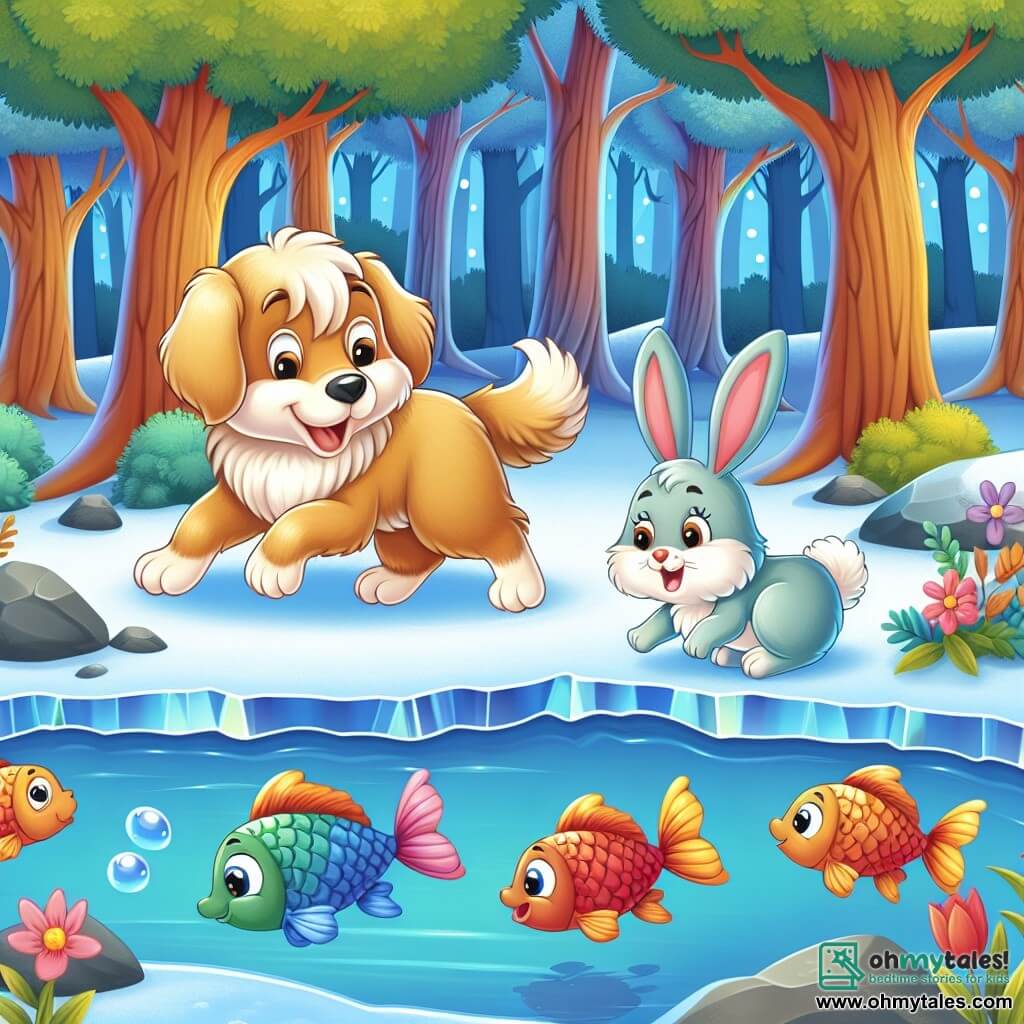 Une illustration destinée aux enfants représentant un adorable chien au pelage doré, se retrouvant dans une mystérieuse forêt enchantée, accompagné d'un petit lapin tremblant, tandis qu'ils découvrent un étang magique entouré d'arbres majestueux, où de joyeux poissons colorés sont emprisonnés sous une épaisse couche de glace.