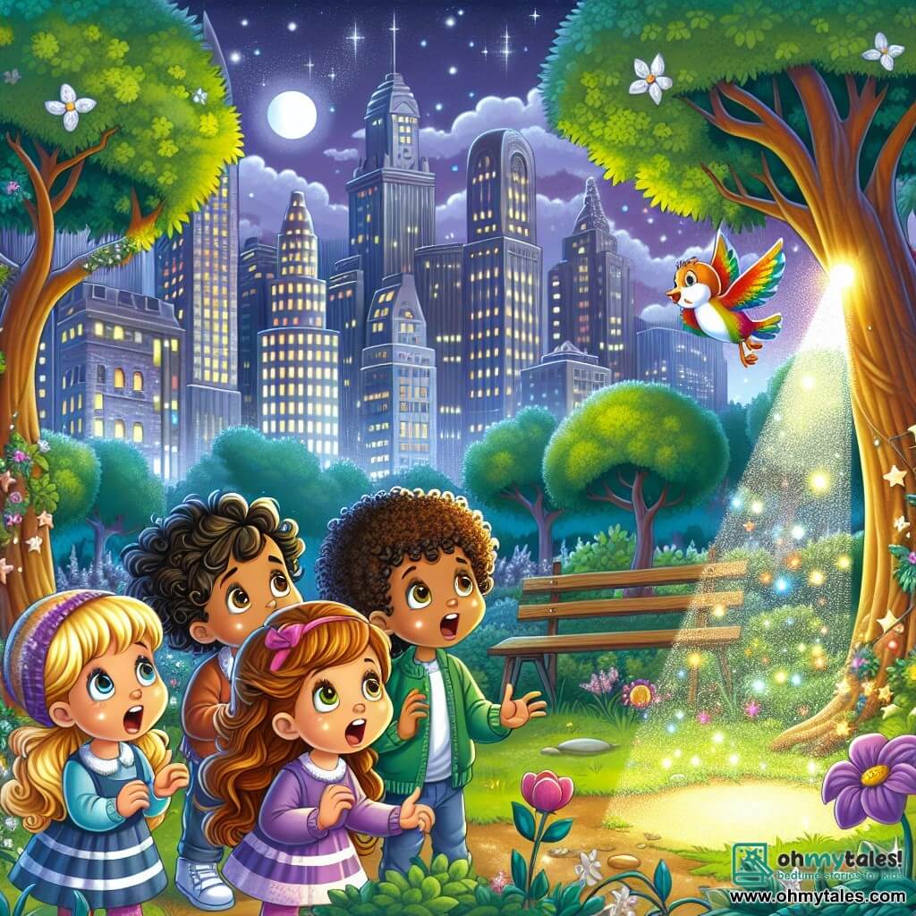 Une illustration sous forme de dessin destinée aux enfants représentant un parc magique en pleine ville, avec des arbres aux feuilles scintillantes et des fleurs chantantes, où un groupe de quatre enfants de 5 ans, deux garçons aux cheveux bouclés et une fille aux cheveux longs et raides, ainsi qu'une autre fille avec des couettes, se tiennent ensemble, émerveillés, en regardant une douce lueur émanant d'un coin, symbolisant un petit rayon de lune perdu, tandis qu'un oiseau coloré vole au-dessus d'eux, ajoutant une touche de magie à cette scène d'aventure fantastique.