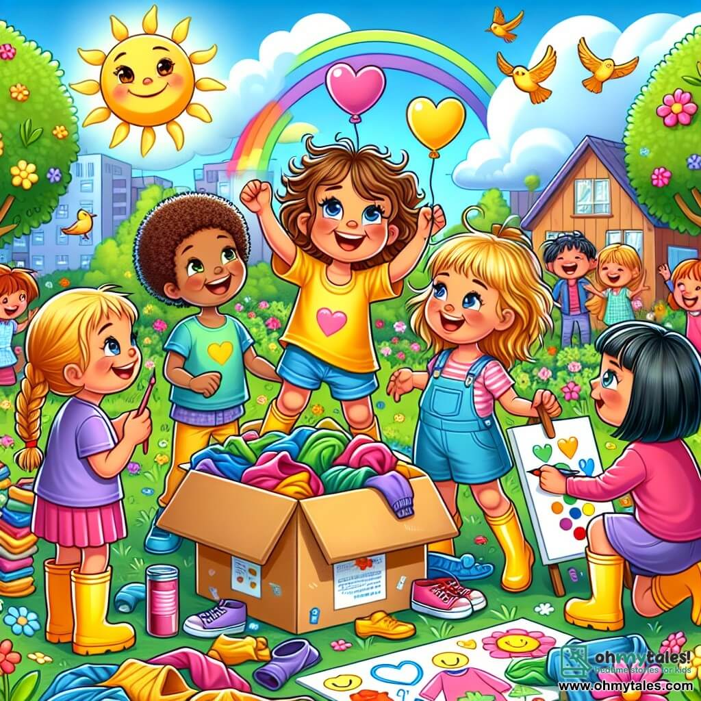 The illustration depicts a sunny park filled with colorful flowers and lush trees, under a bright blue sky with singing birds. In the center, a group of four seven-year-old girls joyfully gathers around a large cardboard box overflowing with clothes and food. One girl with curly brown hair and big curious eyes smiles while holding a colorful sign that reads "Sunnyville Cares." Next to her, another girl in yellow rain boots jumps for joy with her arms raised. A third girl with braided blonde hair paints hearts and smiles on a large sheet of paper. Finally, a girl with black hair and a mischievous smile tells a joke to a group of laughing children. The scene captures the energy and enthusiasm of the children engaged in a donation drive to help families in need. Colorful balloons float in the air, and families bring bags of food and clothing, creating an atmosphere of solidarity and joy.