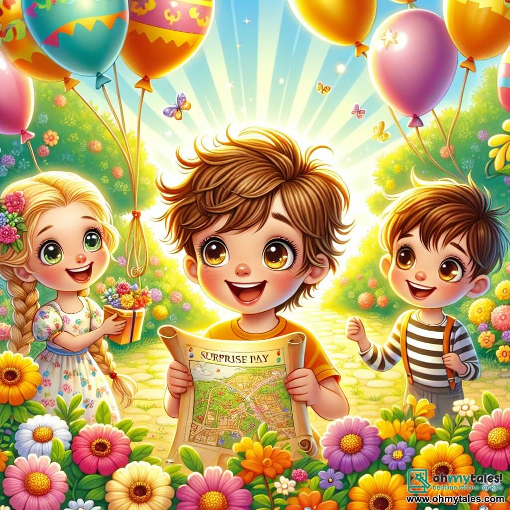 Une illustration sous forme de dessin destinée aux enfants représentant un jardin ensoleillé rempli de fleurs colorées et de ballons flottants, où un garçon de 9 ans aux cheveux bruns en bataille et aux yeux pétillants, souriant joyeusement, tient une carte au trésor dans ses mains, tandis que deux amis, une fille aux cheveux blonds tressés portant une robe à fleurs et un garçon aux cheveux châtains en t-shirt rayé, l'observent avec excitation, tous trois prêts à surprendre leur maman pour la fête des mères avec une fête surprise pleine de rires et de douceurs.